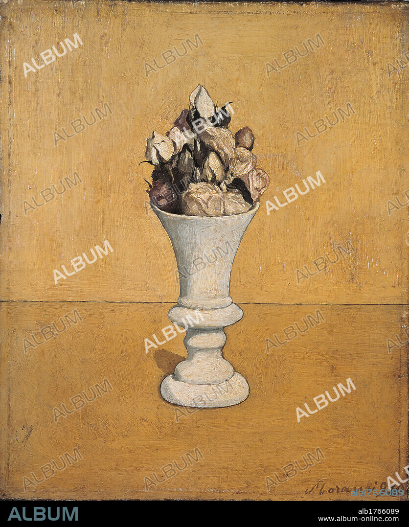 Flowers, by Giorgio Morandi, 1920, 20th Century, oil on canvas, cm 46 x 39. Italy, Lombardy, Milan, private collection. All. Pot flowers yellow ochre white.  Please remember that author's rights have to be cleared for modern and contemporary works of arts.