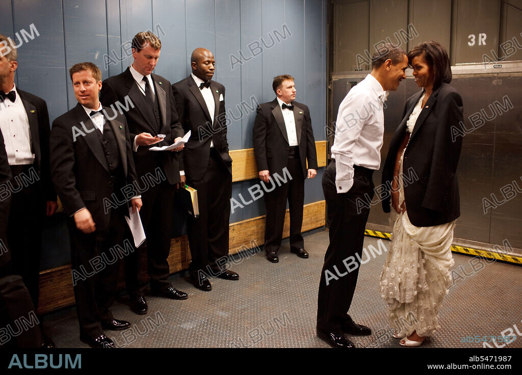 President Barack Obama and First Lady Michelle Obama share a private moment in a freight elevator at an Inaugural Ball. Washington, D.C. 1/20/09.