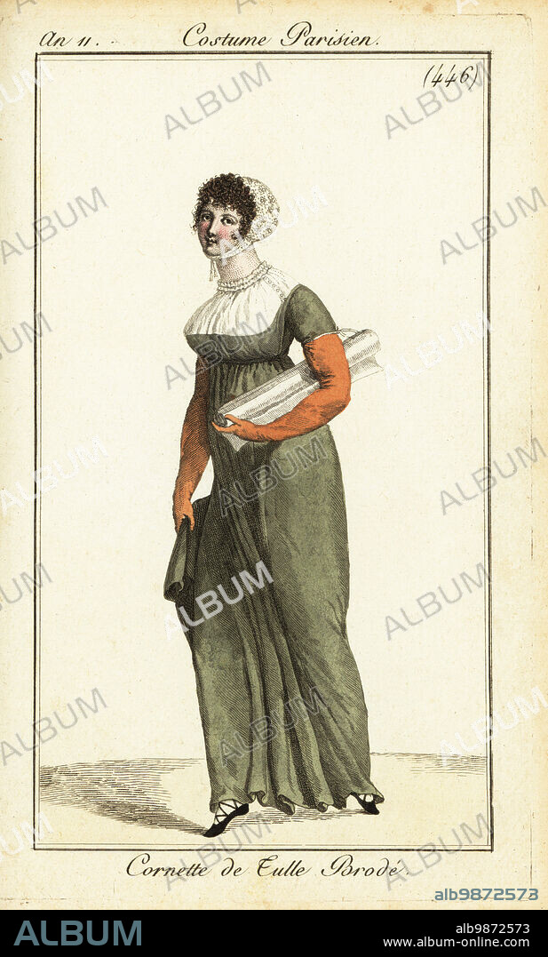 Woman in cornette cap in embroidered tulle, Paris, 1803.. She holds a bolt of cloth under her arm, indicating that she is a shop girl at a fabric shop or dressmakers. Cornette de Tulle Brodée. Handcoloured copperplate engraving from Pierre de la Mesangeres Journal des Dames et des Modes, Magazine of Women and Fashion, Paris, An 11, 1803. Illustrations by Carle Vernet, Jean-Francois Bosio, Dominique Bosio and Philibert Louis Debucourt, engraved by Pierre-Charles Baquoy.