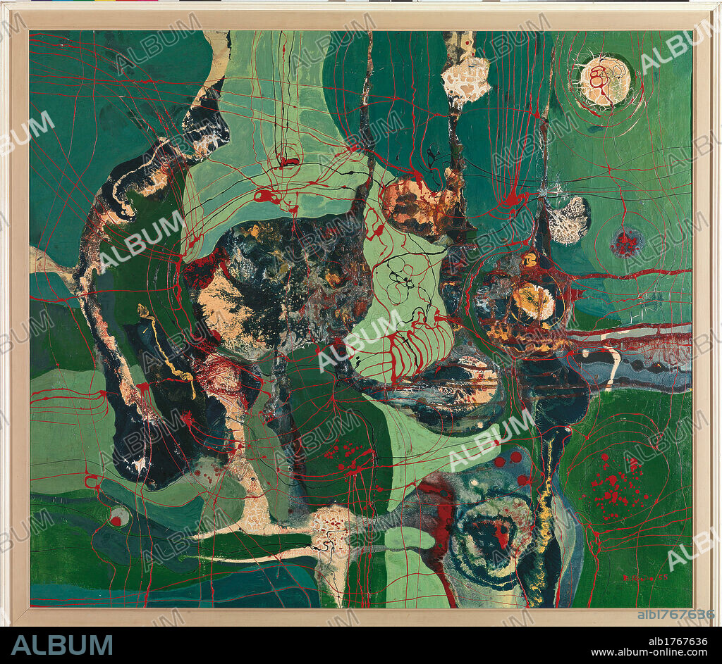 Green Joy, by Mario Persico, 1955, 20th Century, cm 120 x 135 x 5,8. Italy, Campania, Naples, Novecento Museum. All. Tactile colors drippings abstract forms spots green white red black.  Please remember that author's rights have to be cleared for modern and contemporary works of arts.