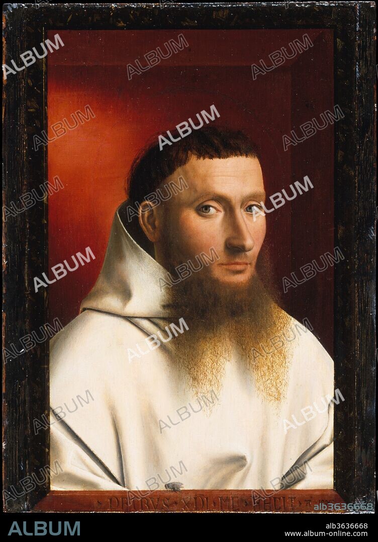 Portrait of a Carthusian. Artist: Petrus Christus (Netherlandish, Baarle-Hertog (Baerle-Duc), active by 1444-died 1475/76 Bruges). Dimensions: Overall 11 1/2 x 8 1/2 in. (29.2 x 21.6 cm); painted surface 11 1/2 x 7 3/8 in. (29.2 x 18.7 cm). Date: 1446.
Christus places his sitter in the corner of a warmly illuminated room and enhances the quality of his "real" presence by the fly resting momentarily on the fictive frame. The leading painter of Bruges following Jan van Eyck's death in 1441, Christus moves beyond the flat neutral backgrounds of his predecessor's portraits. The illusionistic inscription underscores the verisimilitude of the portrait, declaring: "Petrus Christus made me in the year 1446.".