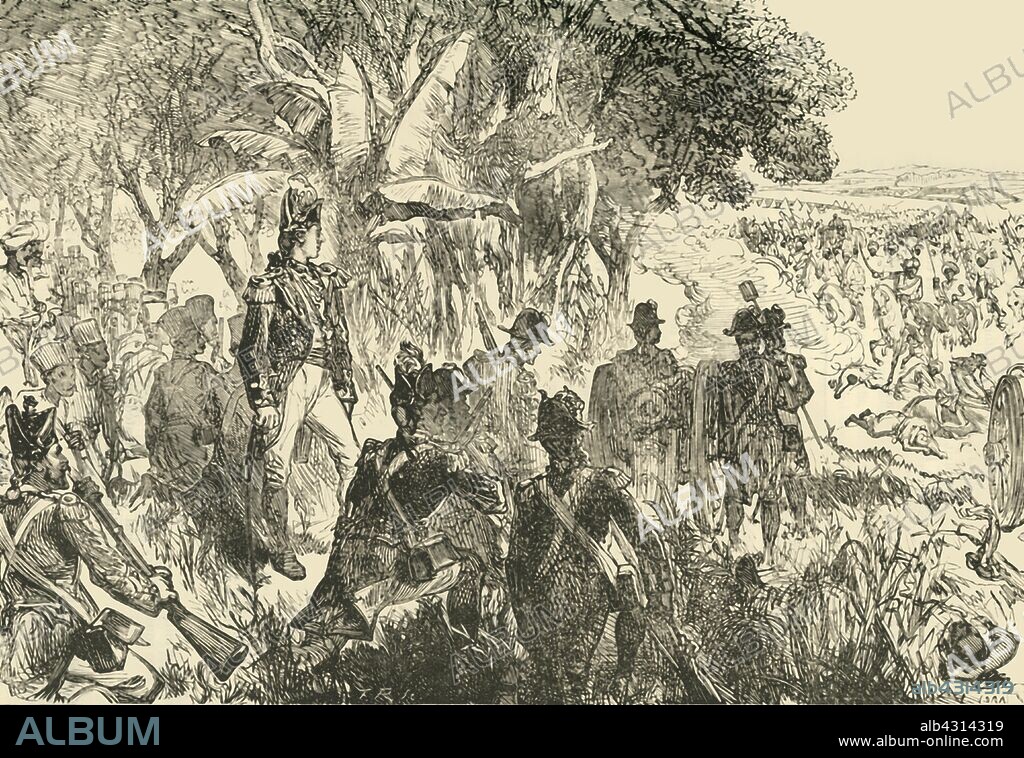'The Battle of Plassey', (1757), 1890. The Battle of Plassey, a decisive victory for the British East India Company over the Siraj-ud-Daulah, the Nawab of Bengal and his French allies on 23 June 1757, under the leadership of Robert Clive.  From "Cassell's Illustrated Universal History, Vol. IV - Modern History", by Edmund Ollier. [Cassell and Company, Limited, London, Paris and Melbourne, 1890].