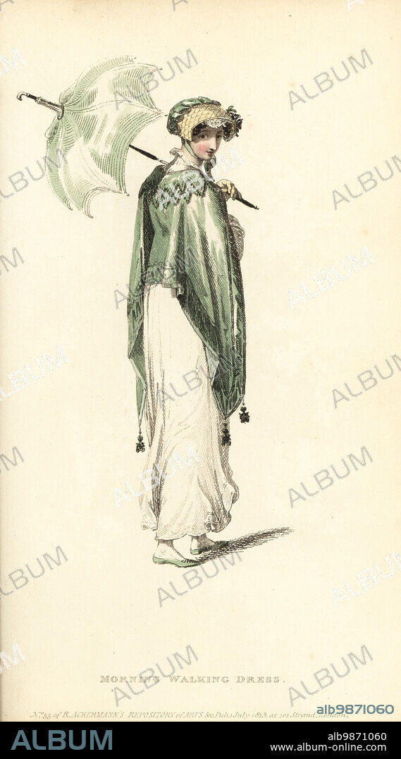 Regency woman in morning walking dress. Cambric or jaconot muslin