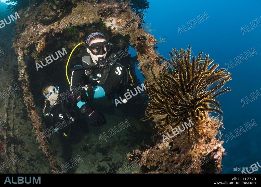 Scuba Diver explore Stern of Maldive Victory Wreck, Hulhule, North Male Atoll, Maldives.