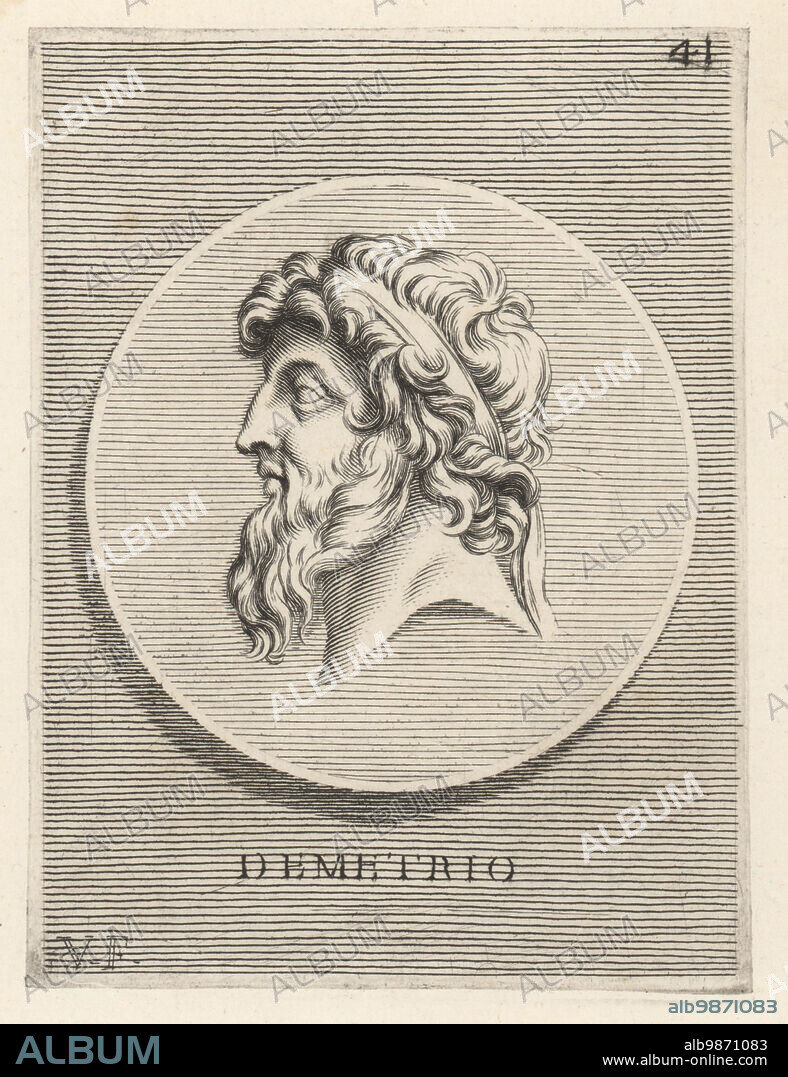 Demetrius II, called Nicator, son of Demetrius I Soter, died 125 BC. Ruled the Seleucid Empire for two periods: 145 to 138 BC, and again from 129 BC until his death. Head of a man with long beard wearing a royal diadem from a bronze medal. Demetrio. Copperplate engraving by Guillaume Vallet after Giovanni Angelo Canini from Iconografia, cioe disegni d'imagini de famosissimi monarchi, regi, filososi, poeti ed oratori dell' Antichita, Drawings of images of famous monarchs, kings, philosophers, poets and orators of Antiquity, Ignatio deLazari, Rome, 1699.