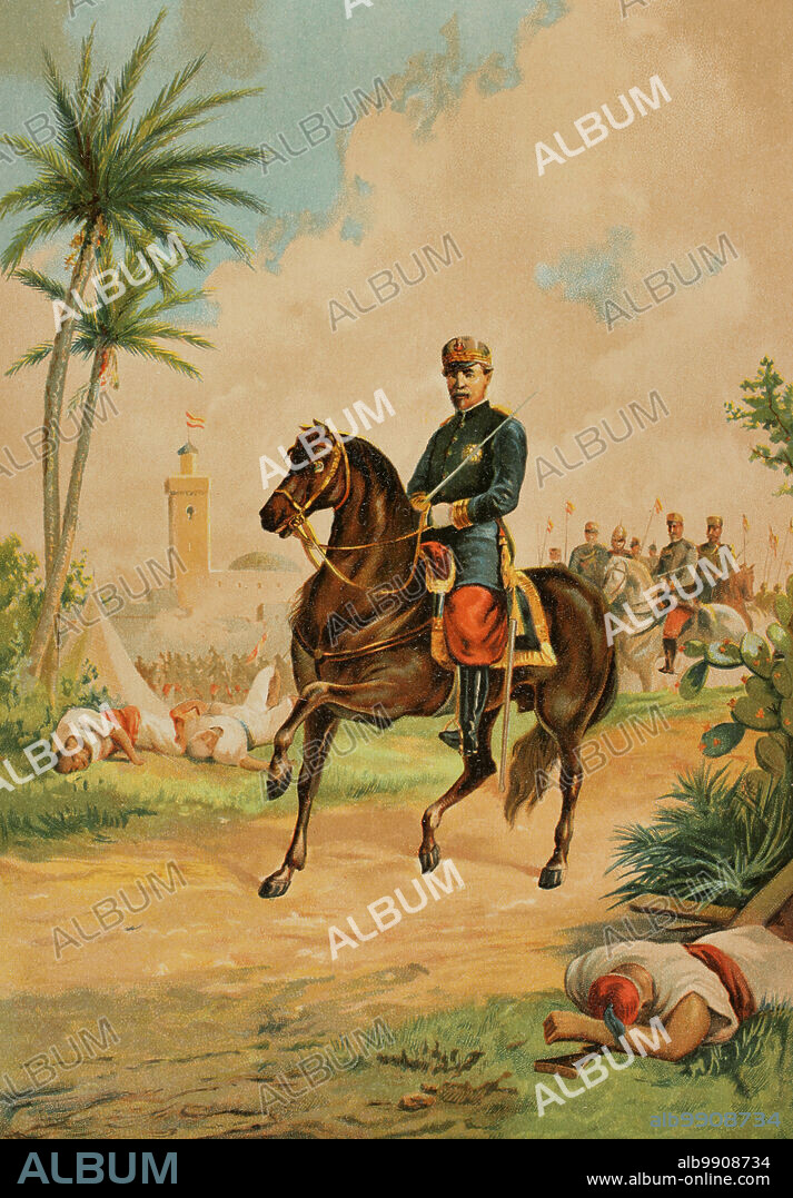 Leopoldo O'Donnell (1809-1867). Militar y político español. Presidente del Consejo de Ministros en diversas ocasiones tras el bienio liberal de Espartero. Retrato ecuestre con motivo de su participación durante la Guerra de Africa (1859-1860), poniéndose al mando de sus tropas en la batalla de Tetuán el 4 de febrero de 1860. Cromolitografía. "Historia Universal", por César Cantú. Tomo X, 1881.