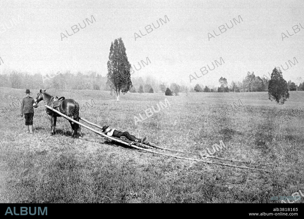 Entitled: "Stretchers Indian Travois as exhibited by Surgeon Forwood at meeting of Military Surgeons, 1894." A travois is a historical frame structure that was used by indigenous peoples, notably the Plains Indians of North America, to drag loads over land. Although considered more primitive than wheel-based forms of transport, on the type of territory where the travois was used (forest floors, soft soil, snow, etc.), rather than roadways, wheels would have encountered difficulties which would have made them less efficient. William Henry Forwood (September 7, 1838 - May 12, 1915) was a surgeon from Brandywine Hundred, Delaware, who served in the Union Army during the American Civil War and eventually as Surgeon General of the United States Army from June 8, 1902 until September 7, 1902.