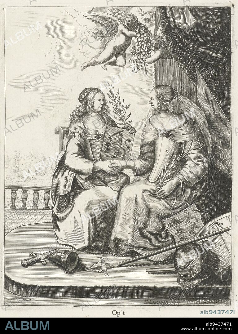 Zinneprent on the peace of Westminster, concluded on April 15, 1654, which ended the First English War. Sitting next to each other, the Dutch and English Virgins shook hands. They carry in their hands the national coat of arms and an olive branch. In the air putti with a festoon. In the background over the balustrade a sea battle. Printed on the sheet under the plate a verse in two columns, Zinneprent op de vrede van Westminster, 1654 Op 't Vree-Verbondt, Besloten tussensschen de Hoog: Moog: Heeren Staten der Vereenighde Nederlanden, en de Republijcke van Engelandt. Geteeckent den 15 van Gras-maant, 1654, print maker: Salomon Pietersz. Lachair, (mentioned on object), publisher: Salomon Pietersz. Lachair, (mentioned on object), M.W. de Jonge, (mentioned on object), Amsterdam, 1654, paper, engraving, letterpress printing, h 313 mm × w 190 mm.