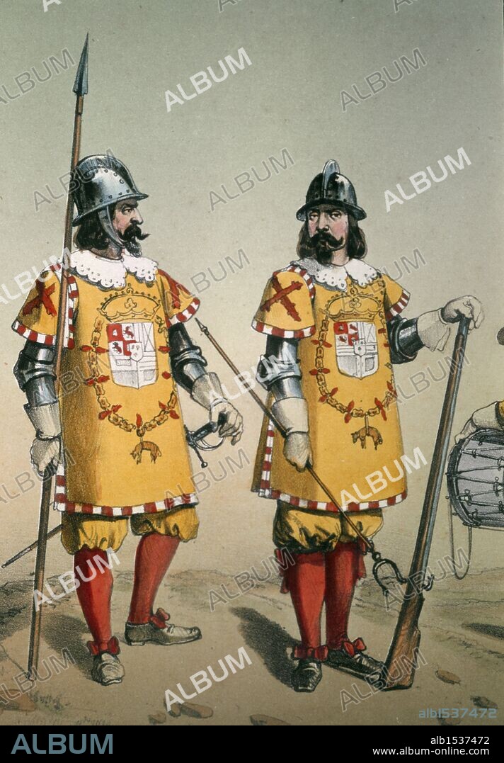 Reinado de Carlos II (1665 a 1700). Piquero y Mosquetero de la Guardia Real en el año 1690. Dibujo de Villegas. Lámina número 33 del ALBUM DE LA INFANTERIA ESPAÑOLA del Teniente General Conde de Clonard. Litografía Militar, Madrid, año 1861.