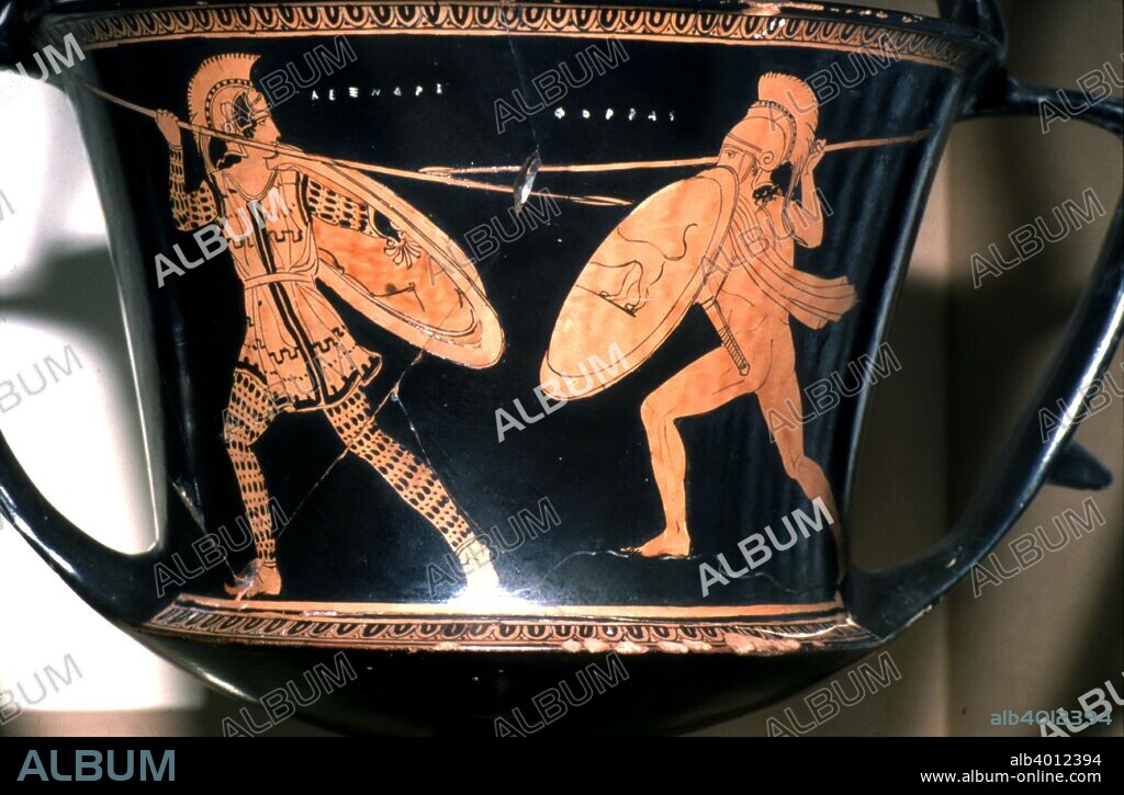 Greek Vase Painting, Persian and Hoplite fighting, c5th century BC.