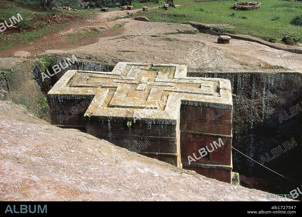 Ethiopia, Lasta province, Lalibela. The Church of Saint George (Bete Giyorgis). One of the eleven rock-hewn monolithic churches in Lalibela. Ethiopian Orthodox Tewahedo Church. Exterior view church in the shape of a cross. Constructed during the reign of King Gebre Mesqel Lalibela, of the late Zagwe dynasty. Late 12th-early 13th century.