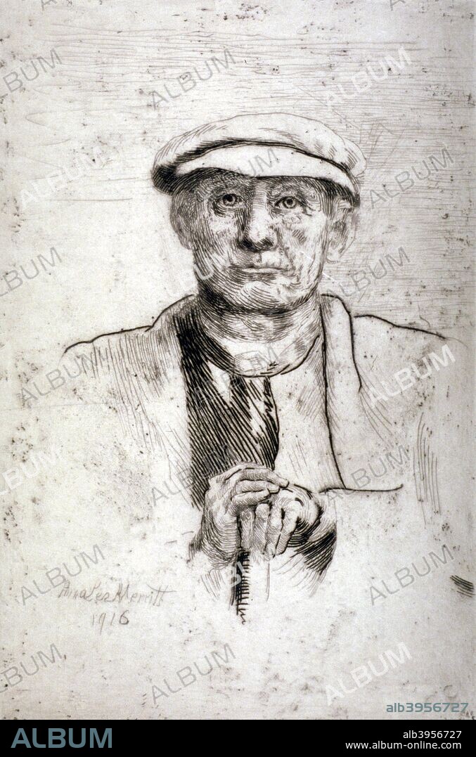 'Old Man in a Flat Cap', 1916. A man with his hands folded and resting on stick.