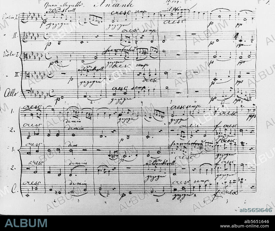 Bruckner, Anton; Komponist; 1824-1896. Werke: Streichquintett in F-dur (Dez. 1878 - 12. Juli 1879). Eigenhändige Notenhandschrift: Beginn des Andante. Cod. 19482, Wien, Österreichische Nationalbibliothek.