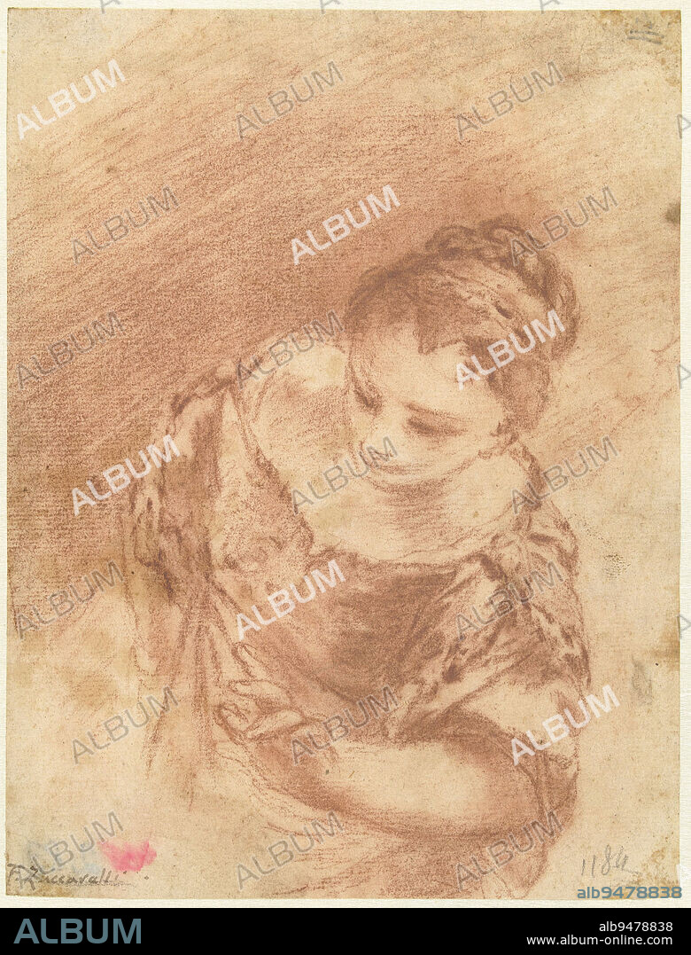 Bust of a young woman bending forward, draughtsman: Francesco Zuccarelli, 1730 - 1770, paper, h 183 mm × w 139 mm.