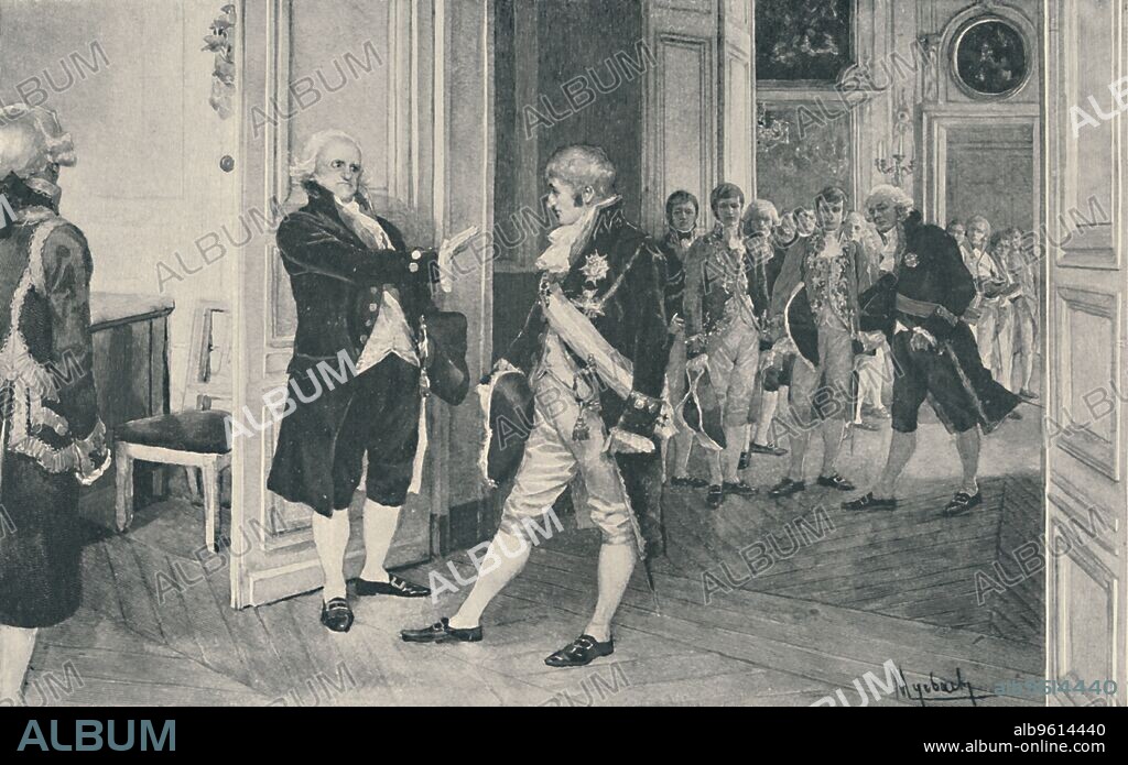 'Charles and Ferdinand at Bayonne', 1808, (1896). Abdications of the Spanish Royal Family, Bayonne, France: King Charles IV was forced to abdicate the throne to his son Ferdinand VII in 1808 by order of the Spanish Royal Council. Engraving after the aquarelle by F De Myrbach. From Life of Napoleon Bonaparte, Volume III, by William Milligan Sloane. [The Century Co., New York, 1896].