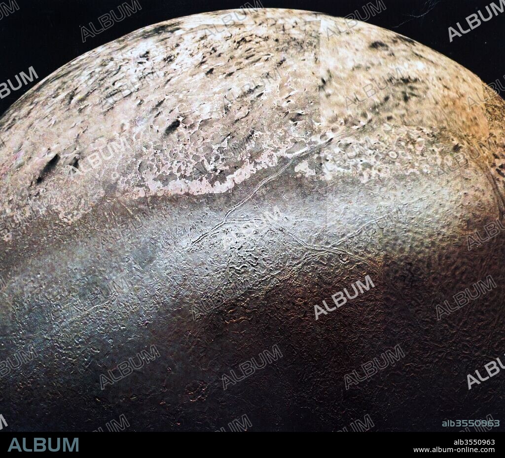 Colour photograph of Neptune's largest moon, Triton. Nearly two dozen images were combined to produce this comprehensive view of the Neptune facing hemisphere of Triton. Dated 20th century.