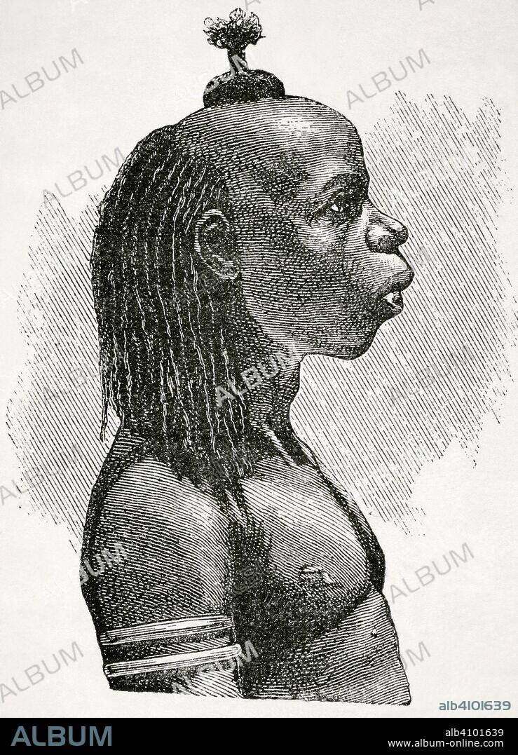 Africa Central. Indígena Manyema, del grupo étnico de los bantú. Habitan desde la actual Tanzania a la República Democrática del Congo. Grabado. Africa Inexplorada, El Continente Misterioso, por Henry Morton Stanley, h. 1887. Biblioteca Histórico Militar de Barcelona, Cataluña, España.