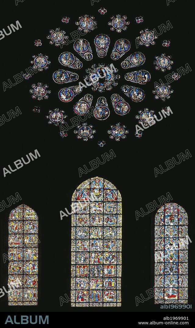 Stained-glass window and rose window, 12th century, west facade of Chartres Cathedral (UNESCO World Heritage List, 1979), France.