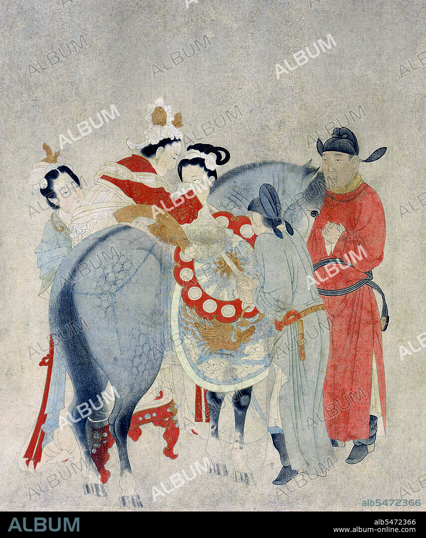 China: 'Yang Guifei Mounting a Horse'. Handscroll painting by Qian Xuan (1235-1305), late 13th century. Consort Yang Yuhuan  (1 June 719 — 15 July 756), often known as Yang Guifei (Guifei being the highest rank for imperial consorts), known briefly by the Taoist nun name Taizhen, was known as one of the Four Beauties of ancient China. She was the beloved consort of Emperor Xuanzong of Tang during his later years. During the Anshi Rebellion, as Emperor Xuanzong was fleeing from the capital Chang'an to Chengdu, she was killed because his guards blamed the rebellion on her cousin Yang Guozhong.