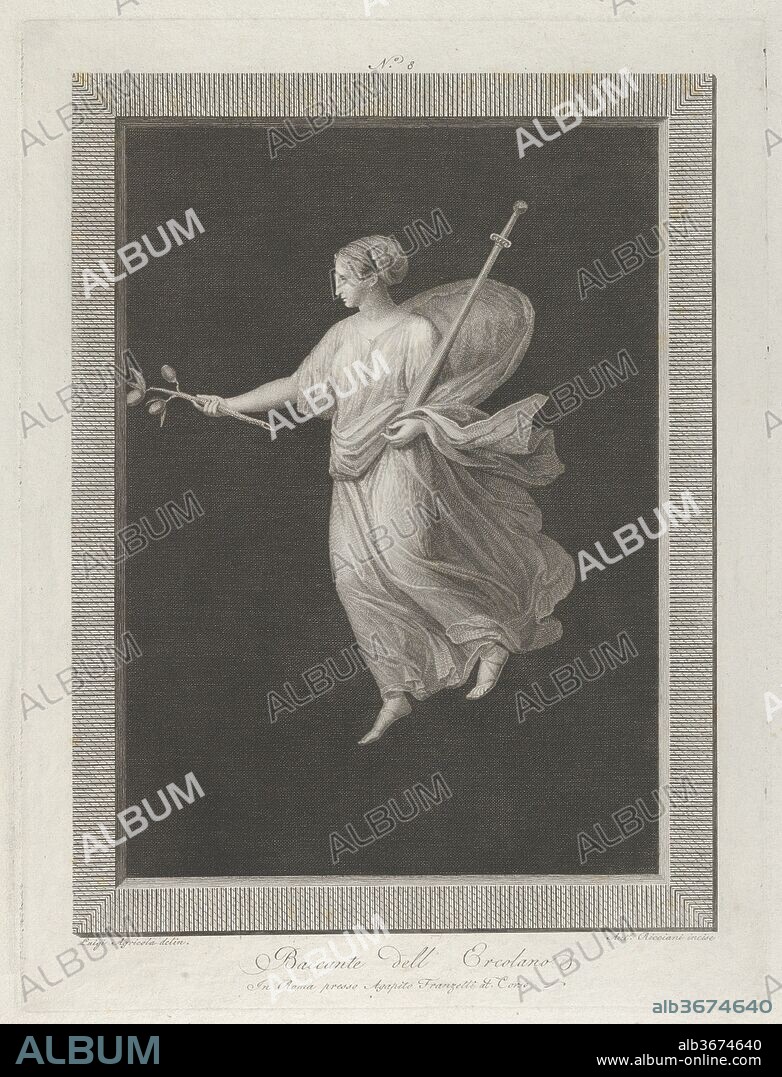 A bacchante holding a sword in her left arm and a branch with fruit in her right hand, set against a black background inside a rectangular frame. Artist: Engraved by Antonio Ricciani (Italian, Rome 1775/76-1847 Naples); Intermediary draughtsman Luigi Agricola (Italian, born ca. 1750). Dimensions: Sheet: 16 1/4 × 12 5/16 in. (41.2 × 31.3 cm)
Plate: 13 1/4 × 9 15/16 in. (33.7 × 25.3 cm). Publisher: Agapito Franzetti (Italian, active Rome, last quarter 18th century-first quarter 19th century). Series/Portfolio: Wall paintings from Herculaneum. Date: ca. 1795-ca. 1820.
From a series of engravings depicting wall paintings from Herculaneum, made by various engravers and intermediary draughtsman, all pulblished by Agapito Franzetti.