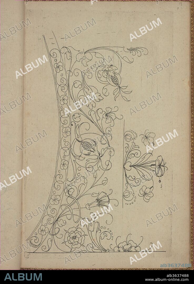 New Modelbüch (Page 19r). Designer: Andreas Bretschneider (German, Dresden ca. 1578-ca. 1640 Leipzig). Dimensions: Overall: 12 x 8 1/16 in. (30.5 x 20.5 cm). Printer: Henning Gross the younger , Leipzig. Date: 1615.
Designed by Andreas Bretschneider, German, ca. 1578-?1640, printed by Henning Gross the younger, Leipzig.
Etched hand-colored title page, 29 etched plates (including 3 counterproofs), 20 pages of designs including 4 duplicates.