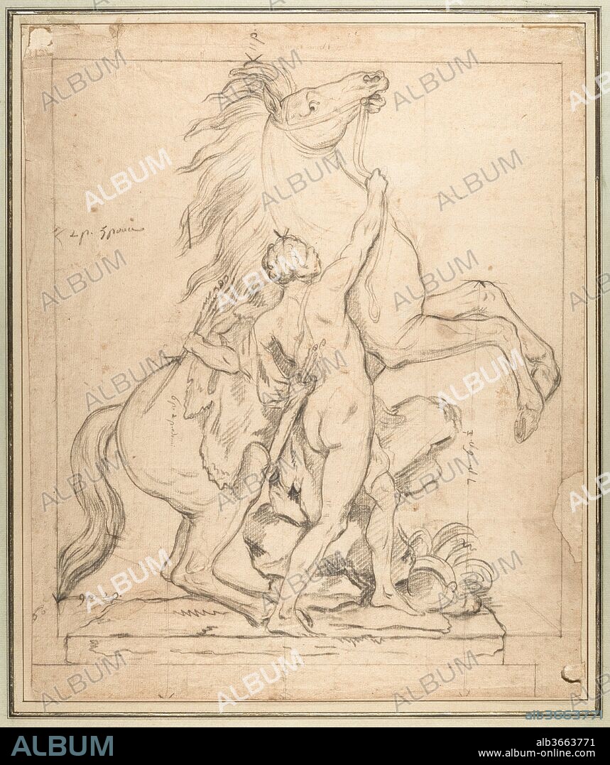 Study for one of the 'Chevaux de Marly'. Artist: Guillaume Coustou the Elder (French, Lyons 1677-1746 Paris). Dimensions: sheet: 16 15/16 x 13 3/4 in. (43 x 35 cm). Date: ca. 1740.
This study is related to the <i>Chevaux de Marly (Horses of Marly)</i>, one of the most famous large-scale marble sculptures of the period, commissioned by the king in 1739. The statues were moved inside the Louvre in 1985 and replaced with the cement copies that now flank the entrance to the Tuileries Gardens in Paris. Surviving correspondence between French officials details how two drawings by Coustou with profiles of the blocks were sent to Rome in 1740 to aid in the purchase of appropriate pieces of Carrara marble. This sheet, more of a diagram than a premire pensée, may have been one of those drawings.It is also possible that the drawing is connected to the installation or movement of the statue.