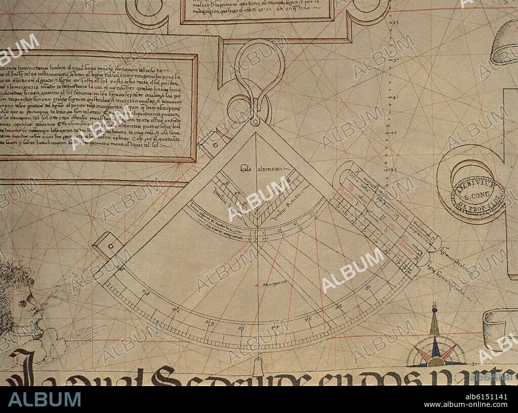 DIEGO RIBERO. MAPAMUNDI - 1529 - DETALLE DE UN CUADRANTE SOLAR.