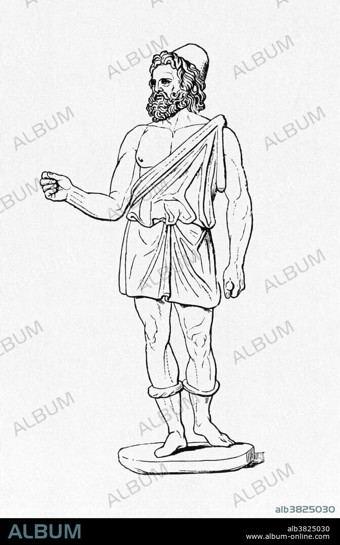 In ancient Roman religion and myth, Vulcan is the god of fire, including the fire of volcanoes. He is often depicted with a blacksmith's hammer. The festival of Vulcan, the Vulcanalia, was celebrated on August 23rd each year, when the summer heat placed crops and granaries most at risk of burning. During the festival bonfires were created in honor of the god, into which live fish or small animals were thrown as a sacrifice, to be consumed in the place of humans.His Greek counterpart is Hephaestus, the god of fire and smithery. In Etruscan religion, he is identified with Sethlans.
