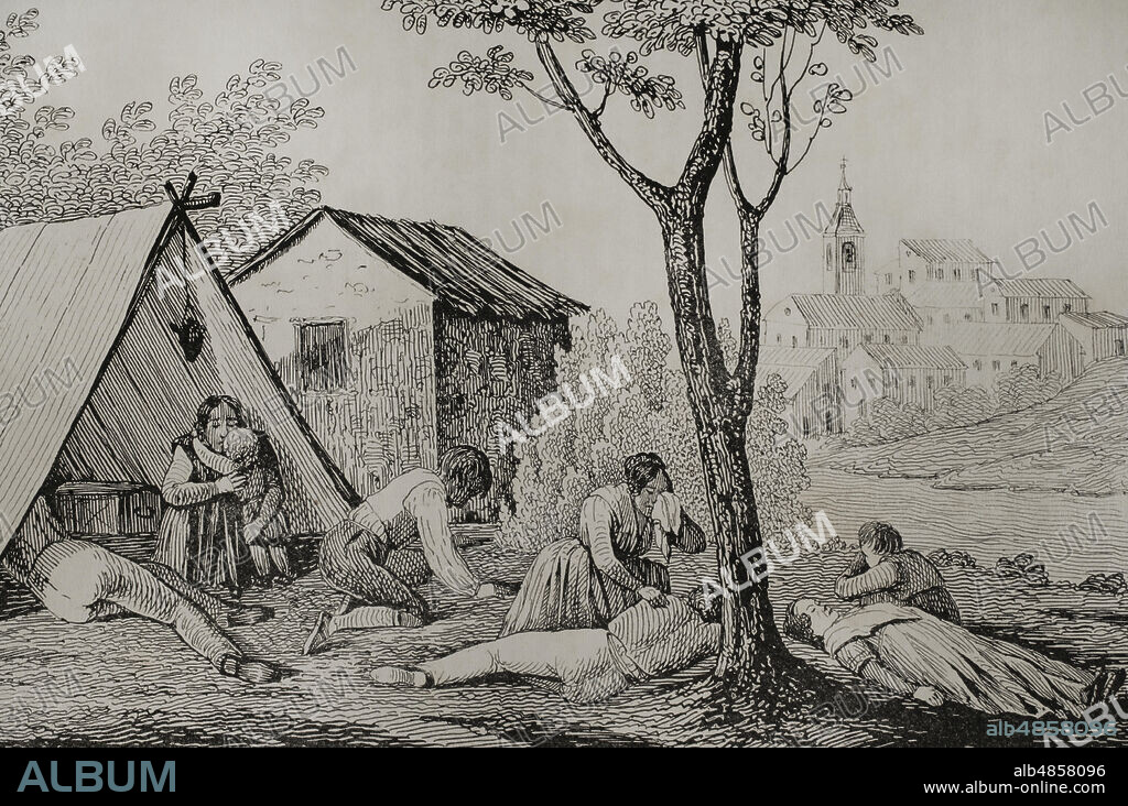 España. Siglo XIX. Epidemia de la fiebre amarilla en 1811, durante la Guerra de la Independencia Española (1808-1814). Ilustración por Francisco Pérez. Litografía por Julio Donón. Historia del Levantamiento, Guerra y Revolución de España, por el Conde de Toreno. Madrid,1851.