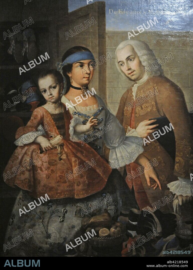 De español y mestiza, castiza. Miguel Cabrera (1695-1768). Pintor novohispano, de estilo barroco. Virreinato de la Nueva España. México. 1763. Oleo sobre lienzo. Museo de América. Madrid. España.