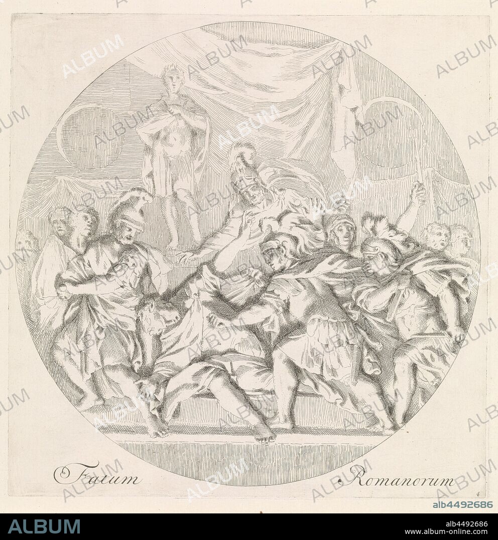 Murder of Julius Caesar Fatum Romanorum (title on object) The fall of world empires in classical antiquity (series title), Round show. The murder of Julius Caesar by Brutus and other senators, In the background the statue of Pompey. The print is after a lost bas-relief by Gerard de Lairesse and is part of a four-part series on the demise of world empires in classical antiquity., Death of Caesar, ie the murder of Caesar: he is slain in the Senate at the foot of Pompey's statue, exclaiming 'et tu Brute', Johannes Glauber (mentioned on object), 1684 - 1726, paper, etching, h 313 mm × w 311 mm.