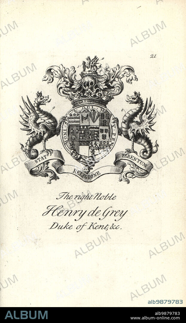 Coat of arms and crest of the right noble Henry de Grey, 1st Duke of Kent, 1671-1740. Copperplate engraving by Andrew Johnston after C. Gardiner from Notitia Anglicana, Shewing the Achievements of all the English Nobility, Andrew Johnson, the Strand, London, 1724.
