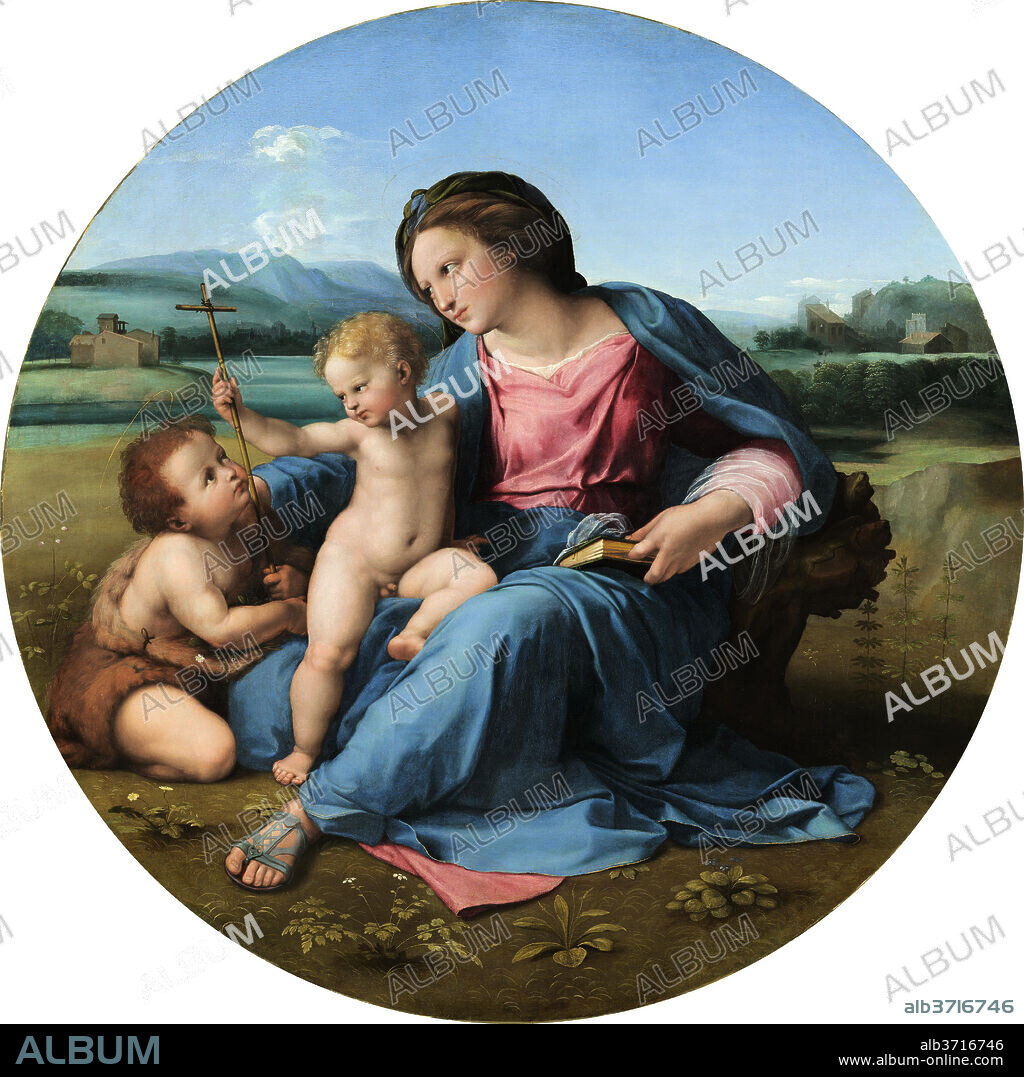 RAPHAEL. The Alba Madonna. Dated: c. 1510. Dimensions: overall (diameter): 94.5 cm (37 3/16 in.)  framed: 139.7 x 135.9 x 14 cm (55 x 53 1/2 x 5 1/2 in.). Medium: oil on panel transferred to canvas.