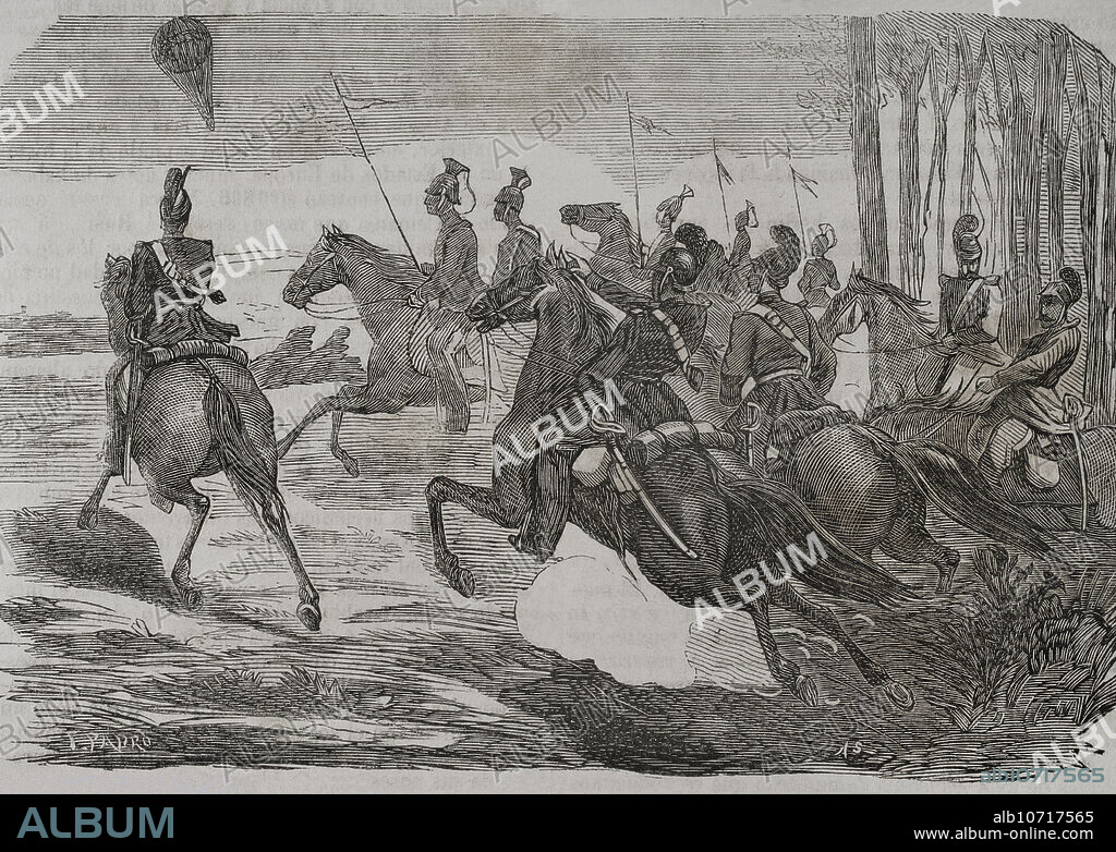 Guerra Franco-Prusiana (1870-1871). Sitio de París (19 de septiembre de 1870 al 28 de enero de 1871). Patrulla alemana en persecución de un globo aerostático que partía de París para burlar el asedio. Grabado por Padró. "Historia de la Guerra de Francia y Prusia". Tomo II. Publicado en Barcelona, 1871.
