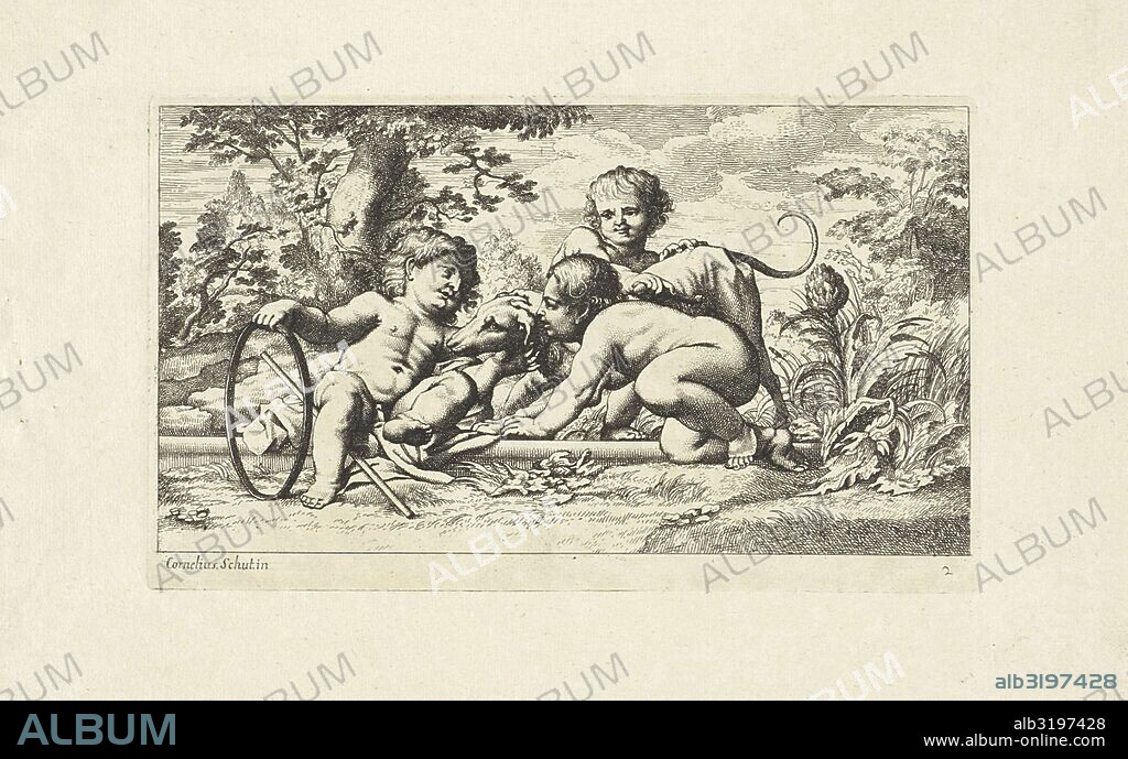 Three putti playing with a dog, Anonymous, 1618 - 1705.