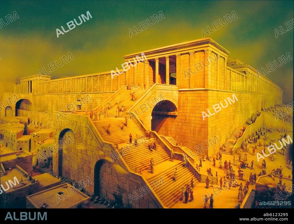 Jerusalem (Israel), Tempel (erbaut unter König Salomo, 965-926 v.Chr., Neubau unter Herodes d.Gr., um 20 v.Chr.).-Rekonstruktion des Tempels von Jerusalem nach seiner Vollendung um 60 nach Christus.-Modell.