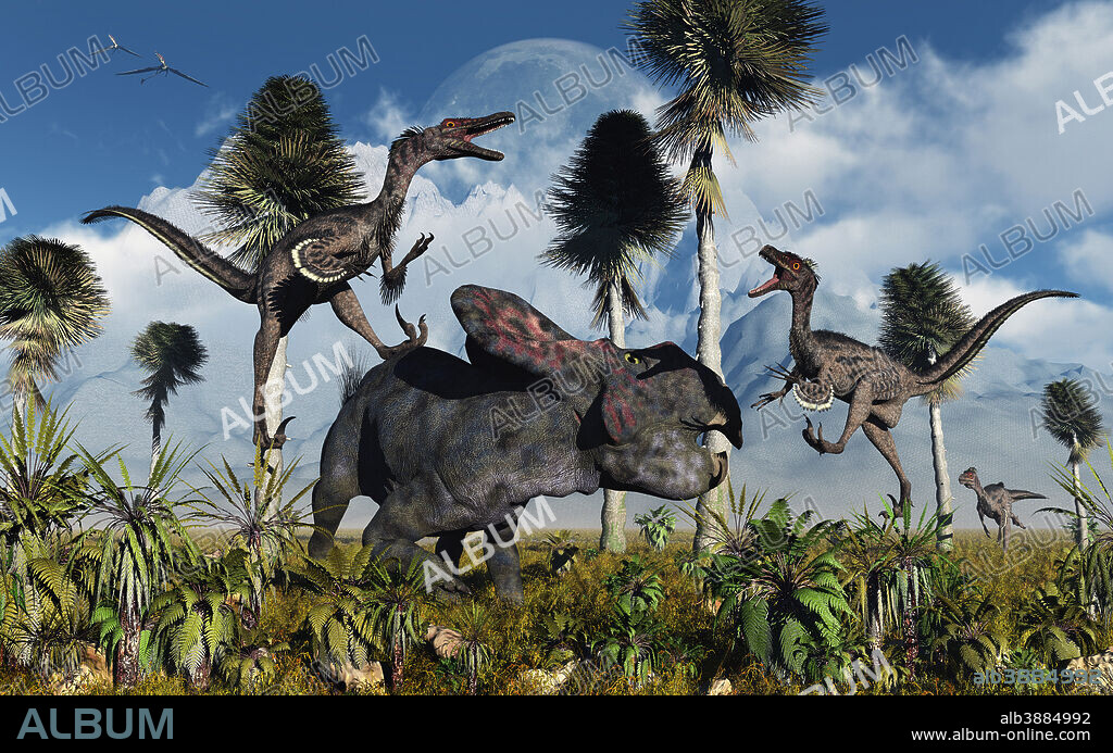 A pair of carnivorous Velociraptors attacking a lone Protoceratops which stands no chance of surviving this deadly attack.