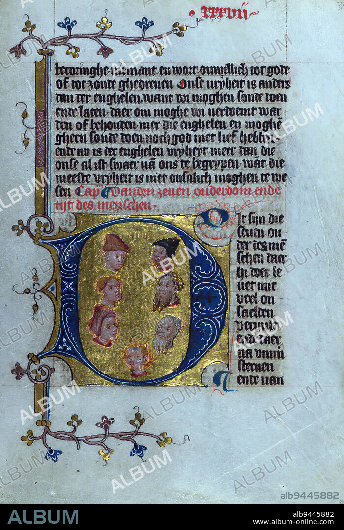 Illuminated Manuscript, Duke Albrecht's Table of Christian Faith (Winter Part), The Seven Ages of Man, This illuminated manuscript is a document of the first importance in the history of Dutch manuscript illumination, and it contains an important medieval Dutch devotional text. The Tafel van den Kersten Ghelove is a compendium of Christian knowledge written by a learned Dominican, Dirc van Delf. The text is in two parts, one for winter, and one for summer. This manuscript is of the winter part, and it is incomplete, omitting the prologue and chapters 13,14, and 35-72.