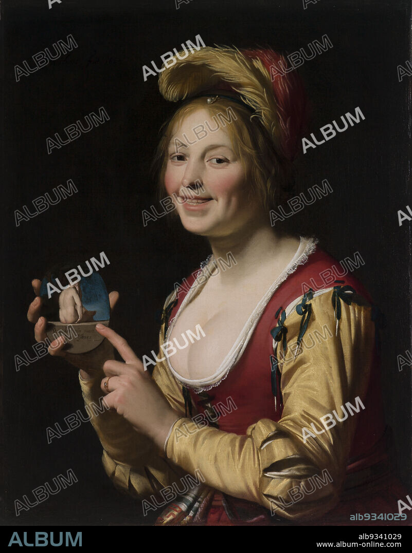 Smiling Girl, a Courtesan, Holding an Obscene Image, Gerrit van Honthorst, Dutch, 15921656, 1625, Oil on canvas, Made in Netherlands, Europe, Paintings, 32 x 25 1/4 in. (81.3 x 64.1 cm).