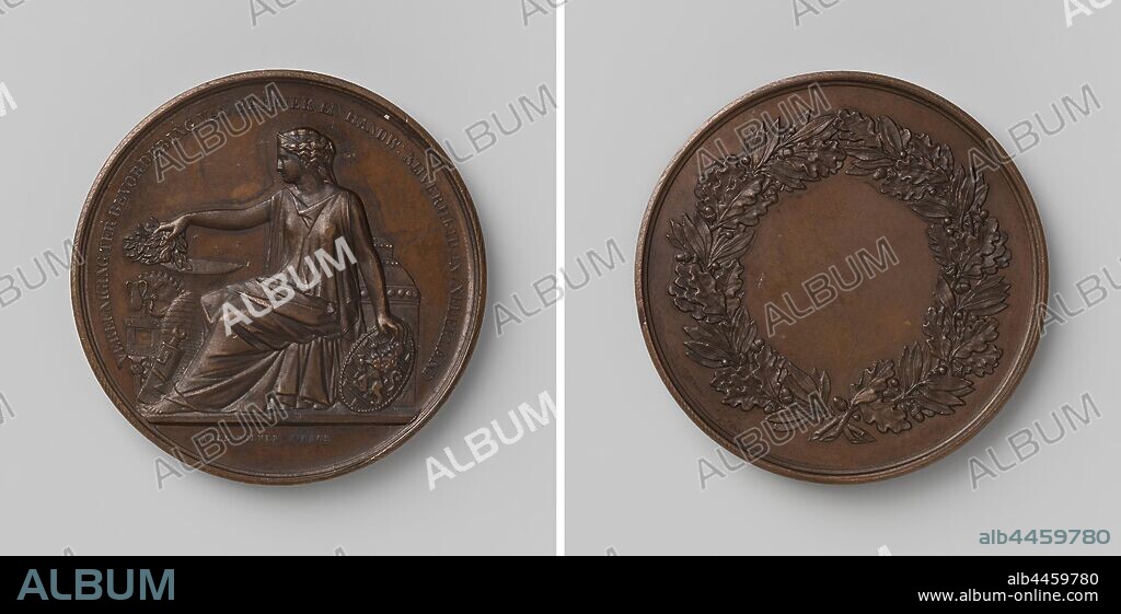 Association for the Promotion of Factory and Handicraft Industry in the Netherlands, Bronze Medal. Obverse: woman in antique clothing, representing the Netherlands, leaning with her left hand next to her standing coat of arms and holding a bundle of laurel leaves above vase, comb with base, jug, beehive, manometer, lever and trowel with her right hand, behind her: steam boiler within circumference, cut: signature. Reverse: blank field within wreath of oak and olive branches, Netherlands, Association of Factory and Handicrafts, Karel Wiener, The Hague, 1859, bronze (metal), striking (metalworking), d 5.1 cm × w 68.29 gr.