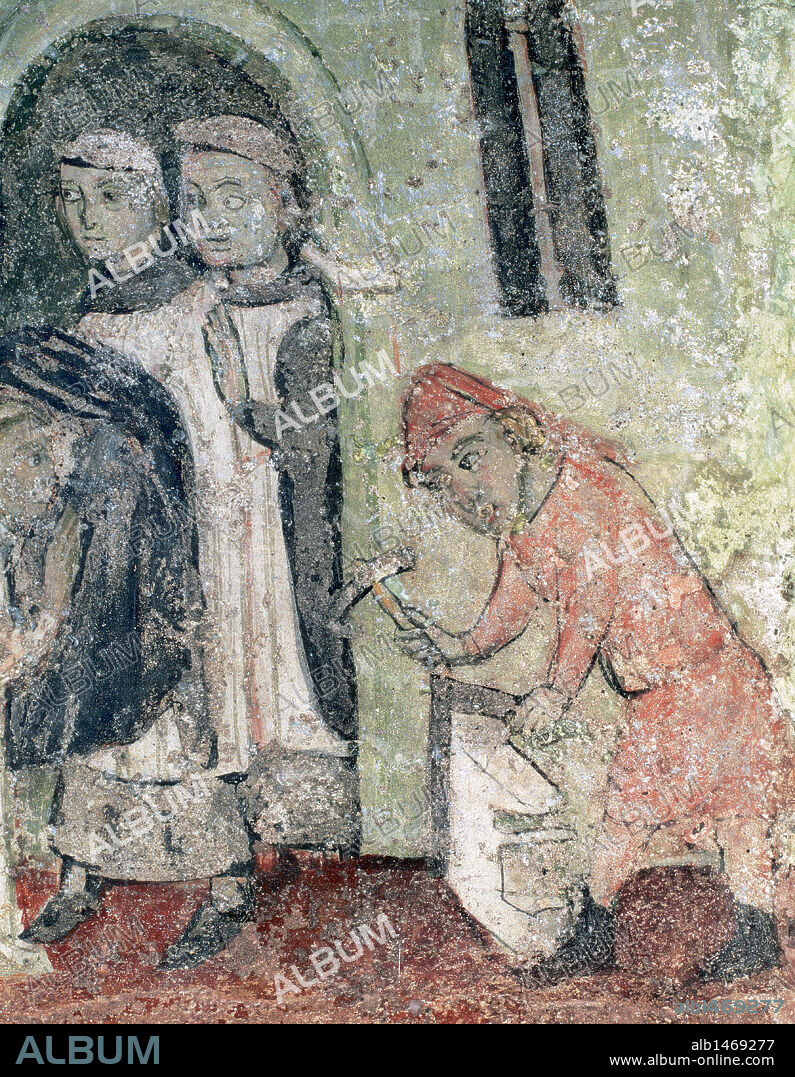 Gothic art. Stonemason with some monks, c. 1360. Wall paintings found in 1954 under the choir of the Church of Santa Maria de Lluc¸a`. Anonymous painting. Details of the scenes illustrating the life of St. Augustine. Lluca. Barcelona province. Catalonia. Spain.