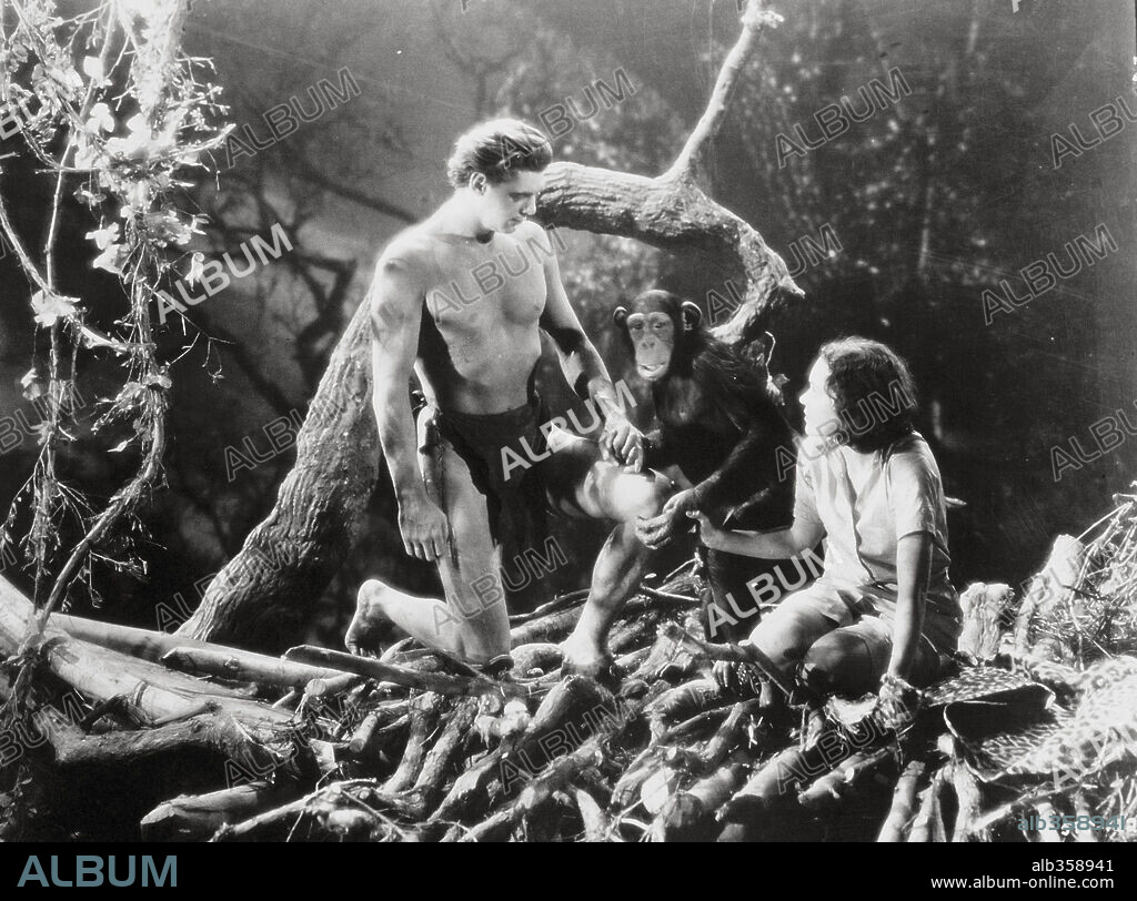CHITA [CHEETAH], JOHNNY WEISSMULLER y MAUREEN O'SULLIVAN en TARZÁN DE LOS MONOS, 1932 (TARZAN, THE APE MAN), dirigida por W. S. VAN DYKE. Copyright M.G.M.