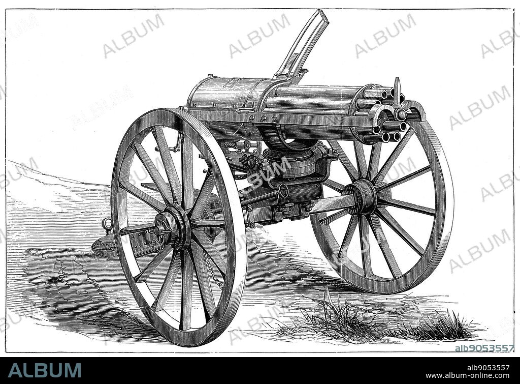 Gatling machine gun. From 'The Graphic', London, 1870.