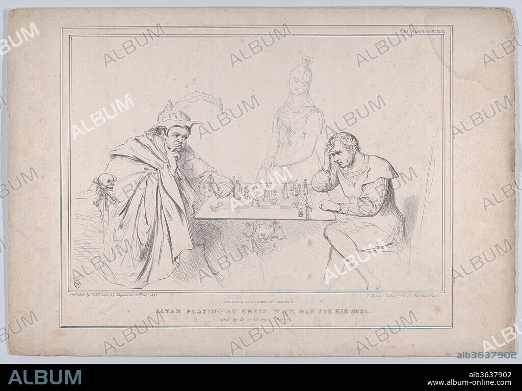 Retzsch's Extraordinary Design of Satan Playing at Chess with Man for his Soul. Artist: John Doyle (Irish, Dublin 1797-1868 London); Associated with Moritz Retzsch (German, Dresden 1779-1857 Hoflössnitz bei Dresden). Dimensions: Sheet: 11 13/16 × 17 5/16 in. (30 × 44 cm). Lithographer: Alfred Ducôte (British, active 1830-40). Publisher: Thomas McLean (British, active London 1788-1885). Series/Portfolio: HB Sketches, No. 502. Subject: William Lamb, 2nd Viscount Melbourne (British, London 1779-1848 Hertfordshire); Daniel O'Connell (Irish, Cahirciveen, Kerry 1775-1847 Genoa). Date: September 29, 1837.