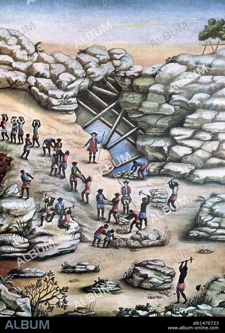 HISTORIA DE AMERICA. BRASIL. ESCLAVOS NEGROS trabajando en las minas para la extracción de diamantes. Grabado del s. XVIII.
