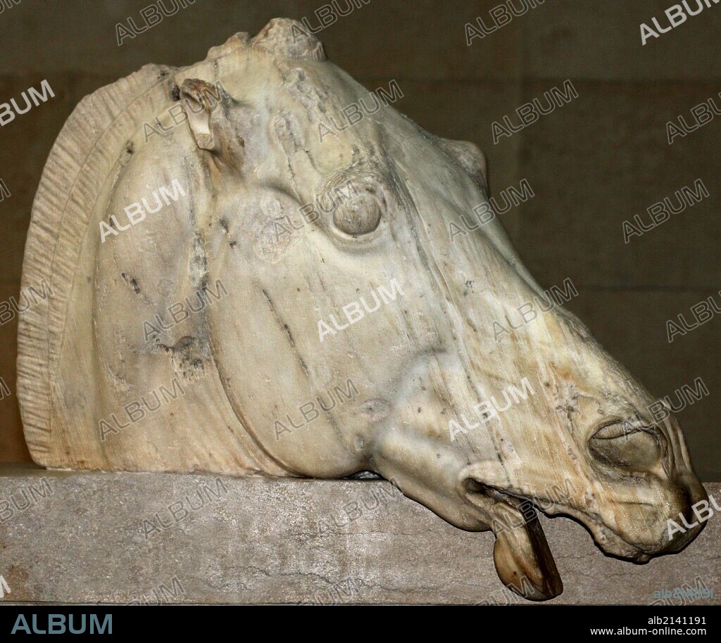 Statue of a horses head from the chariot of the moon-goddess Selene. Acropolis, Athens, 438-432 BC. From the east pediment of the Parthenon. It shows the horse as weary from it's night-long labour. (Photo by: Universal History Archive/UIG via Getty Images).