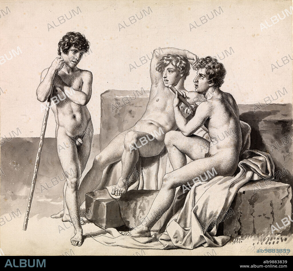 Three young naked boys standing or sitting between stone blocks, after a painting by Christoffer Wilhelm Eckersberg (January 2, 1783 - July 22, 1853), Historic, digitally restored reproduction from a 19th century original.