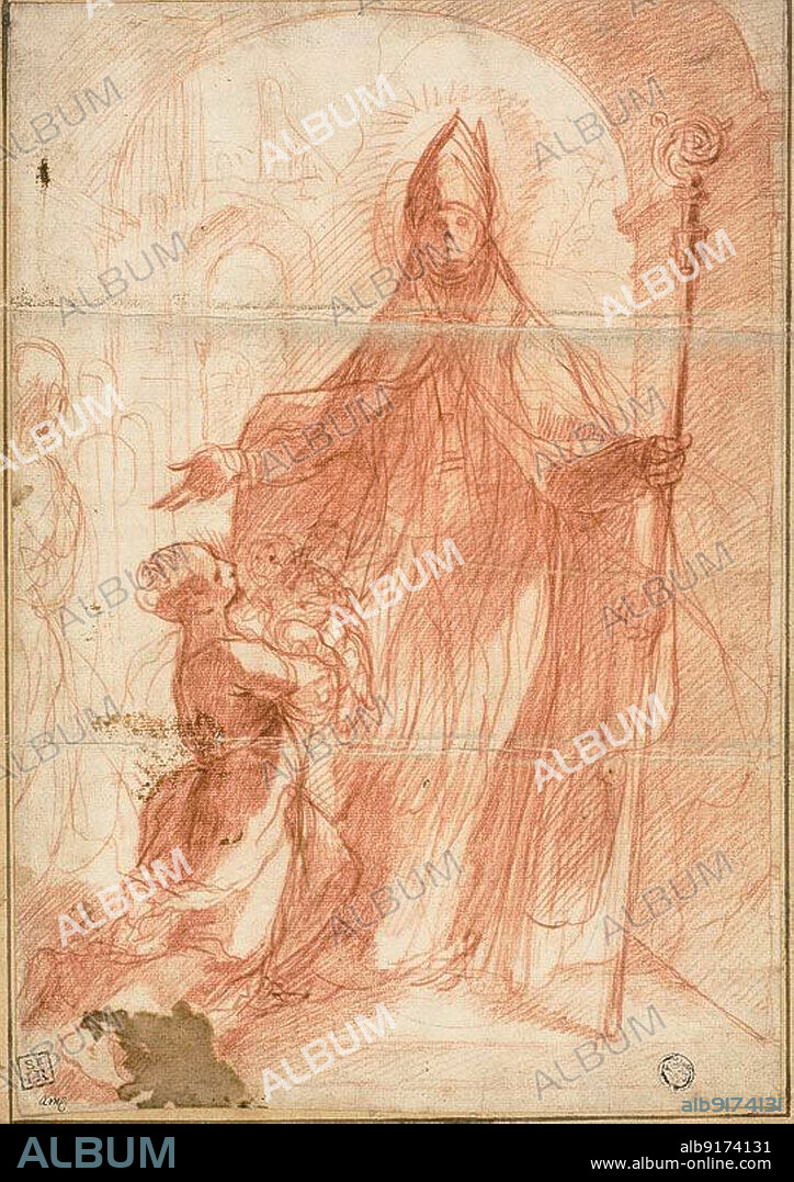 ALESSANDRO CASOLANI DELLA TORRE. Bishop Saint Blessing a Mother and Child, 1575/1600. Attributed to Alessandro Casolani.