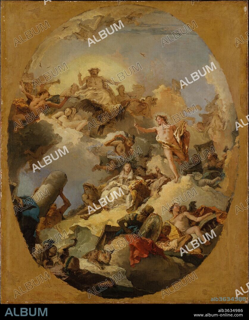 The Apotheosis of the Spanish Monarchy. Artist: Giovanni Battista Tiepolo (Italian, Venice 1696-1770 Madrid). Dimensions: Oval painted surface, 33 1/8 x 27 1/8 in. (84.1 x 68.9 cm). Date: 1760s.
This oil sketch for the ceiling of the <i>saleta</i> adjacent to the throne room of the Palacio Real, Madrid, differs from an alternative version (37.165.3) in the prominence given to Jupiter and his eagle and to Apollo, god of the sun and patron of the arts. Elements of both compositions were used in the final fresco.