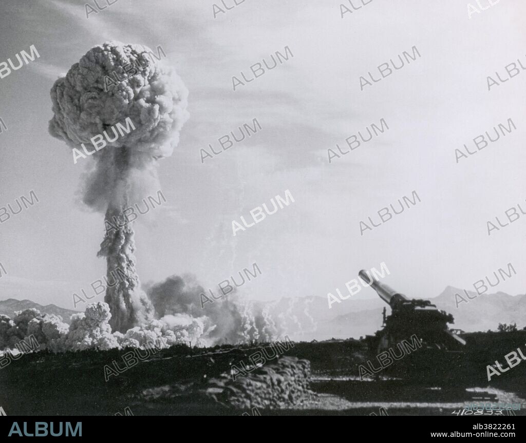 Historic image of the M65 Atomic Cannon being tested for the first time, on May 25th 1953, at the Nevada Test Site. This cannon fired 280mm shells. Hundred of high-ranking military officers and members of Congress were present for the test. Although never used, and not very practical, the cannon was not retired until 1963. Upshot-Knothole Grable was a nuclear weapons test conducted by the United States as part of Operation Upshot-Knothole. Detonation of the associated nuclear weapon occurred 19 seconds after its deployment at 8:30am PDT (1530 UTC) on May 25, 1953, in Area 5 of the Nevada Test Site. The codename Grable was chosen because the letter Grable is phonetic for G, as in "gun", since the warhead was a gun-type fission weapon. As a shell, or artillery-fired atomic projectile (AFAP), the device was the first of its kind. The test remains the only nuclear artillery shell ever actually fired in the U.S. nuclear weapons test program.